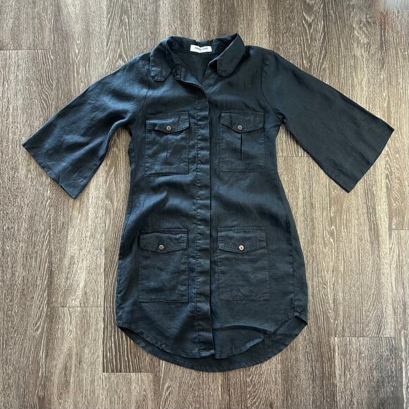 EUC Pampelone Mae Black Linen Utility Dress Sz Small Button Down 3/4 Sleeve Mini - Picture 10 of 16